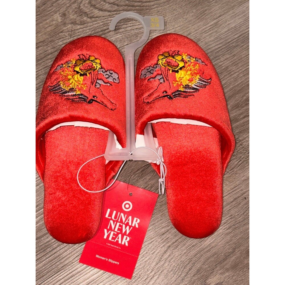 Year of the Horse Slippers for Women Holiday Velvet Lunar New Year sz XS 3/4